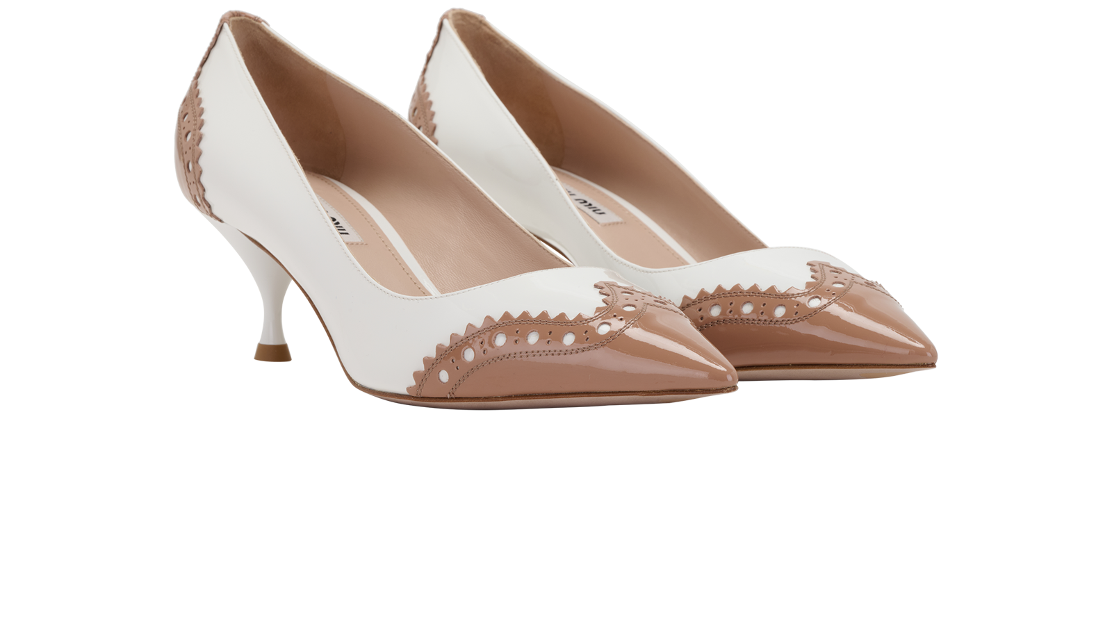 Miu Miu Two-Tone Pointed Heels, &pound;170, Shoes, Beige/White, Patent Leather, Side view