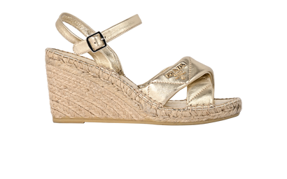 Prada Quilted Logo Wedges, &pound;295, Shoes, Gold, Leather/Raffia, Front view