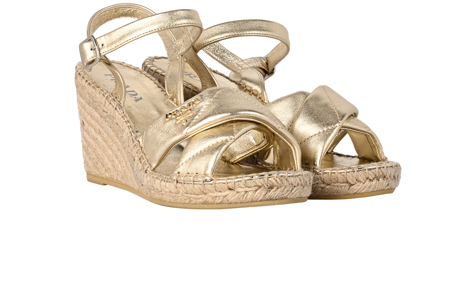 Prada Quilted Logo Wedges, &pound;295, Shoes, Gold, Leather/Raffia, Side view