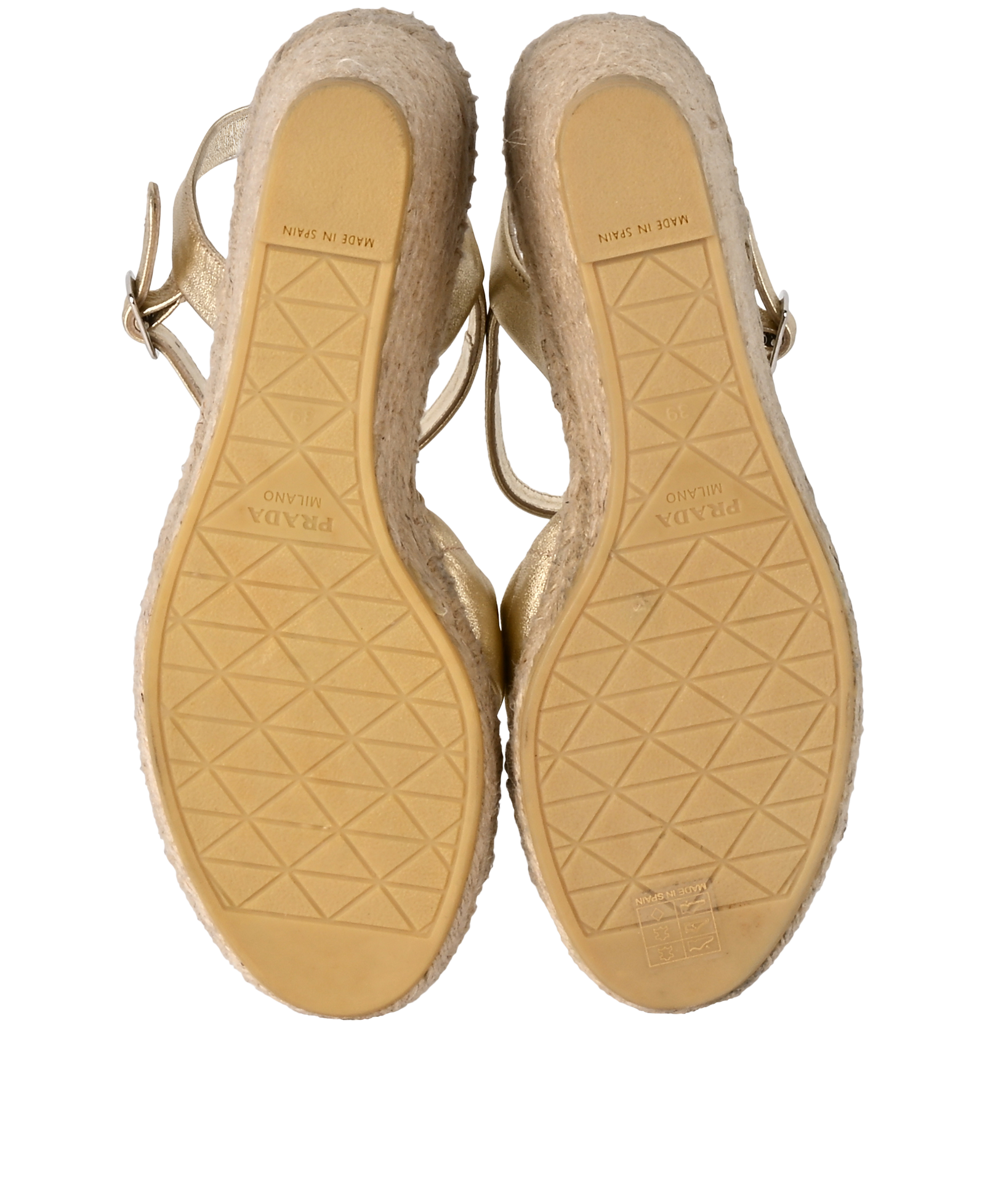 Prada Quilted Logo Wedges, &pound;295, Shoes, Gold, Leather/Raffia, Top view