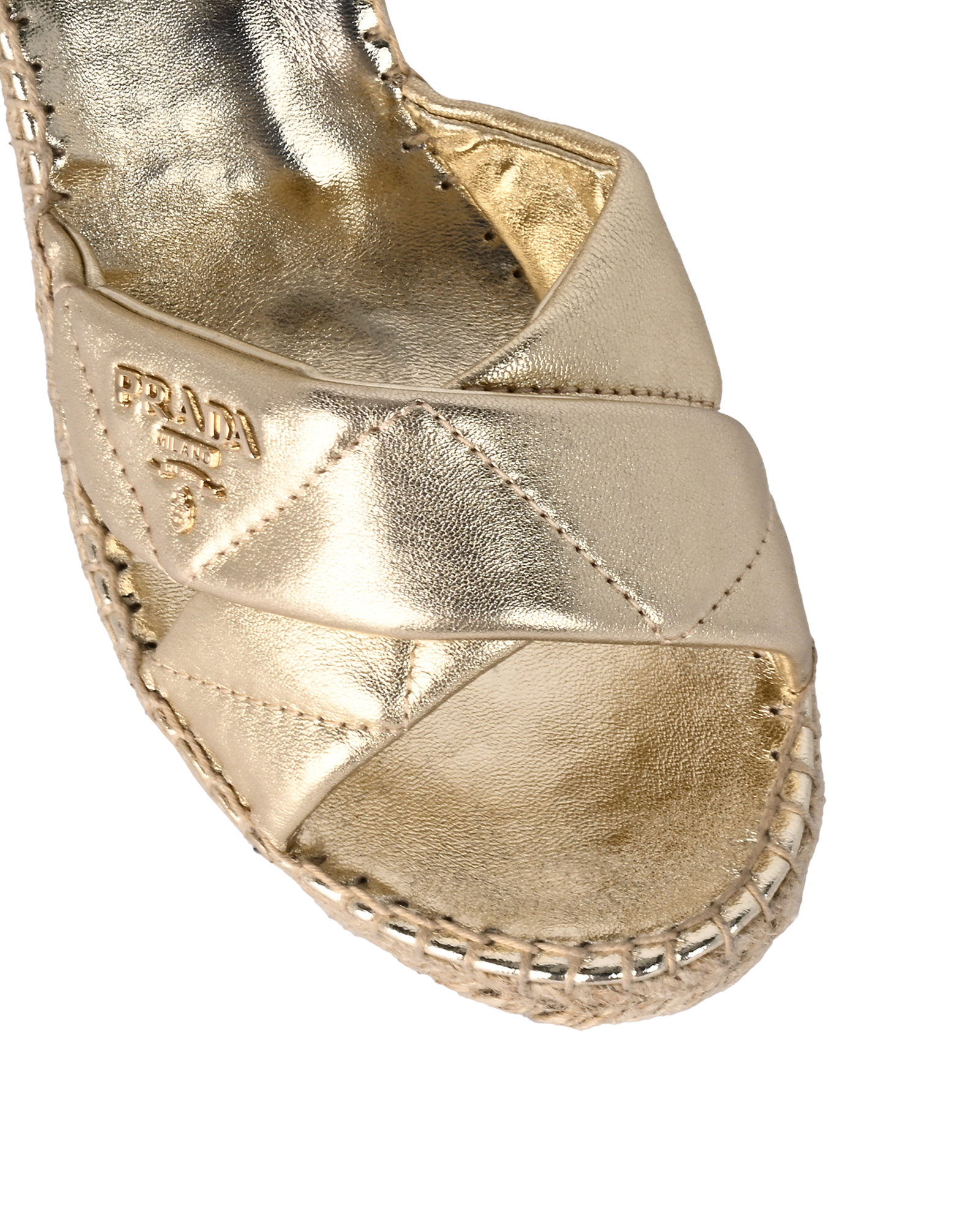 Prada Quilted Logo Wedges, &pound;295, Shoes, Gold, Leather/Raffia, Other view