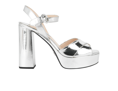 Prada Metallic Block Heel Sandals, front view
