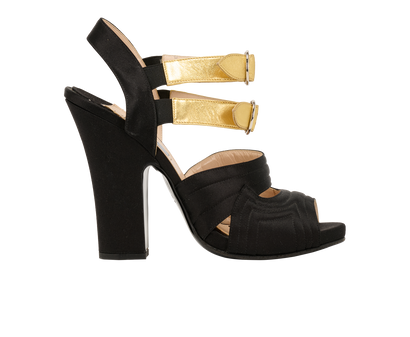 Prada Double Strap Sandals, &pound;110, Shoes, Black/Gold, Leather/Satin, Front view