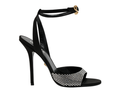 Versace Safety Pin Crystal Sandals, &pound;275, Shoes, Black, Crystal/Satin, Front view
