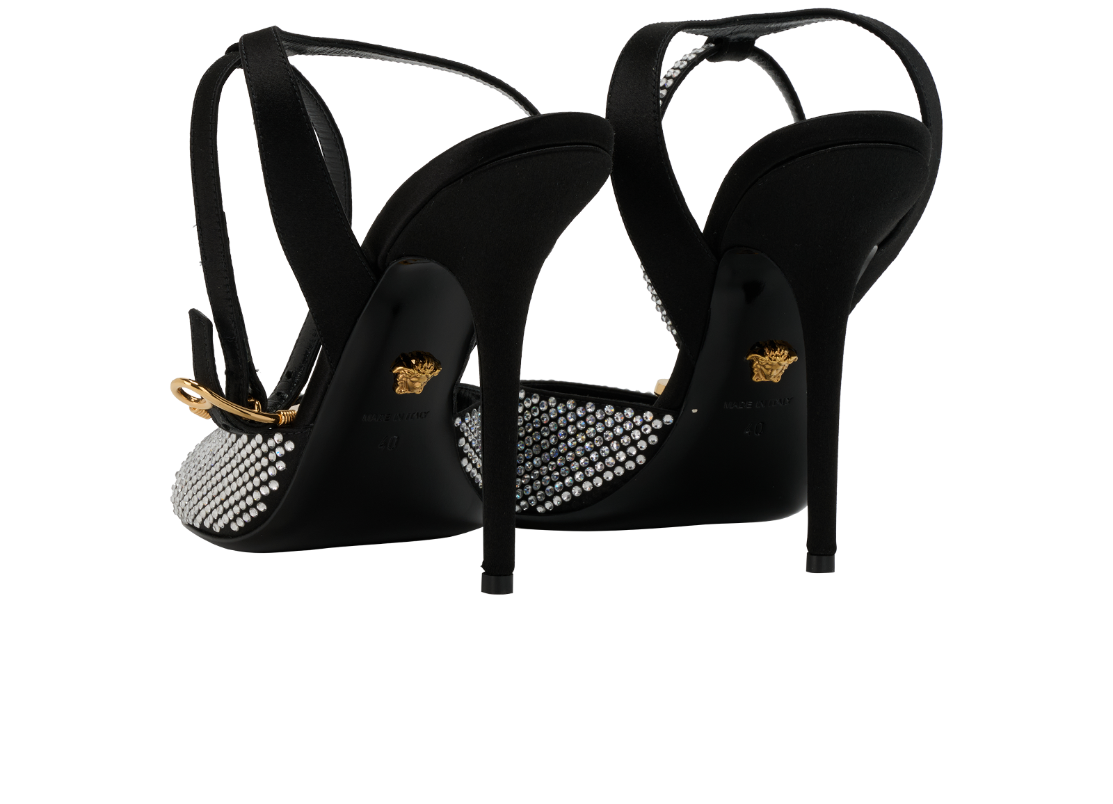 Versace Safety Pin Crystal Sandals, &pound;275, Shoes, Black, Crystal/Satin, Back view
