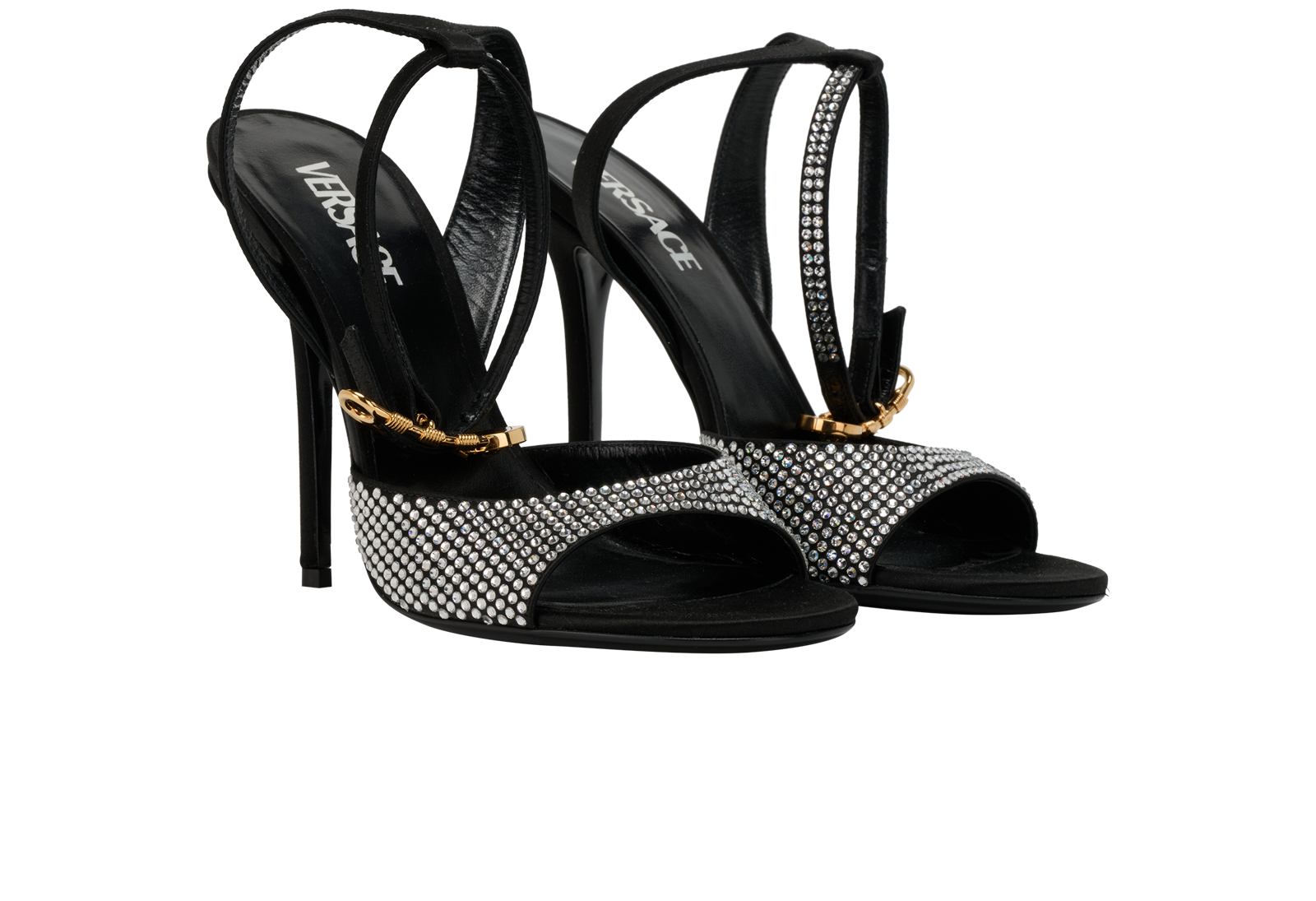 Versace Safety Pin Crystal Sandals, &pound;275, Shoes, Black, Crystal/Satin, Side view