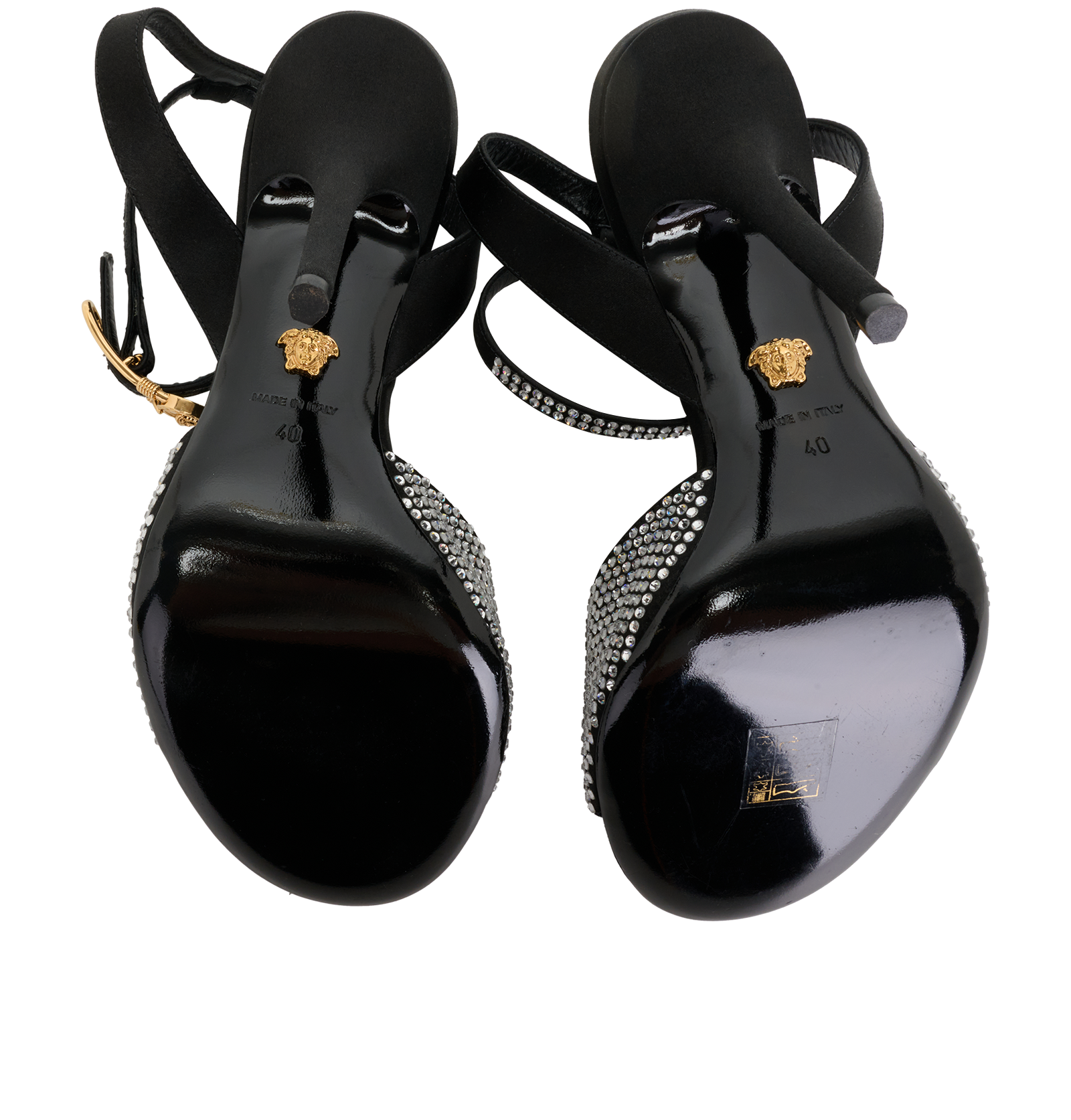 Versace Safety Pin Crystal Sandals, &pound;275, Shoes, Black, Crystal/Satin, Top view