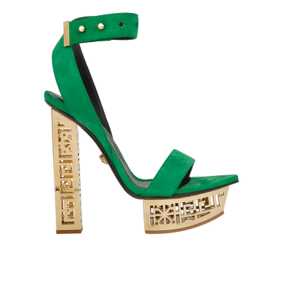 Versace Greek Key Heeled Sandals, front view