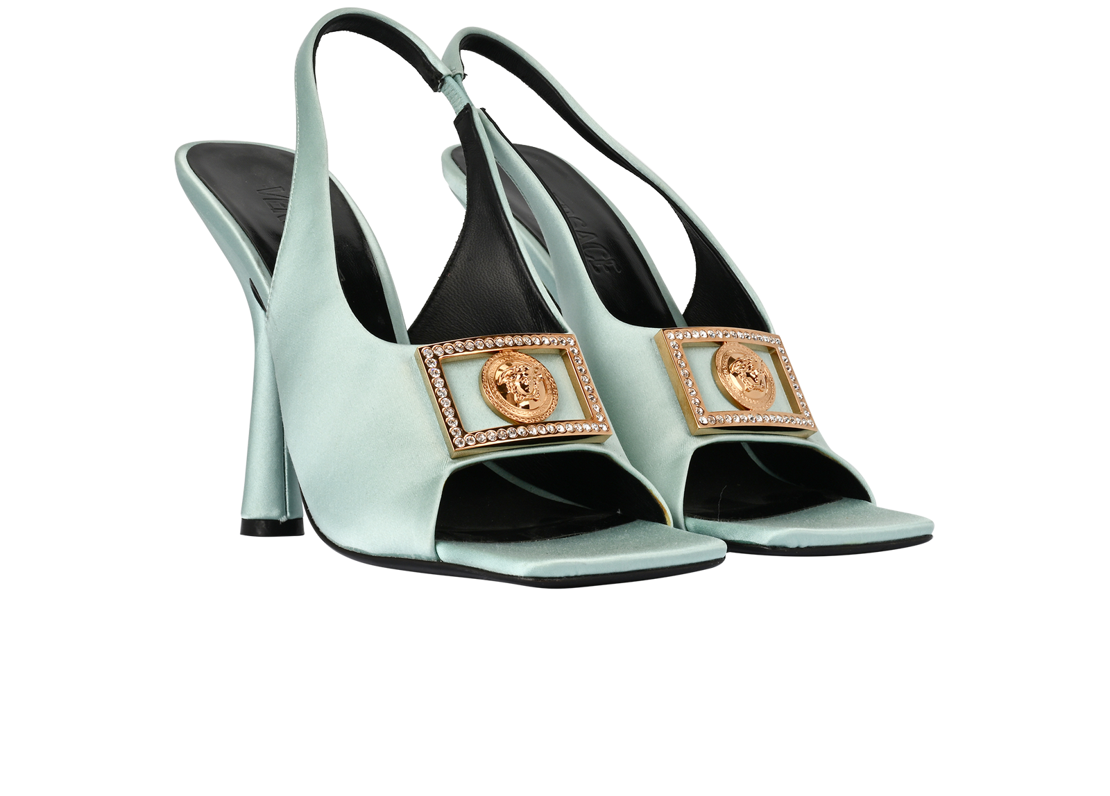 Versace Medusa Slingback Heels, &pound;150, Shoes, Blue, Satin, Side view