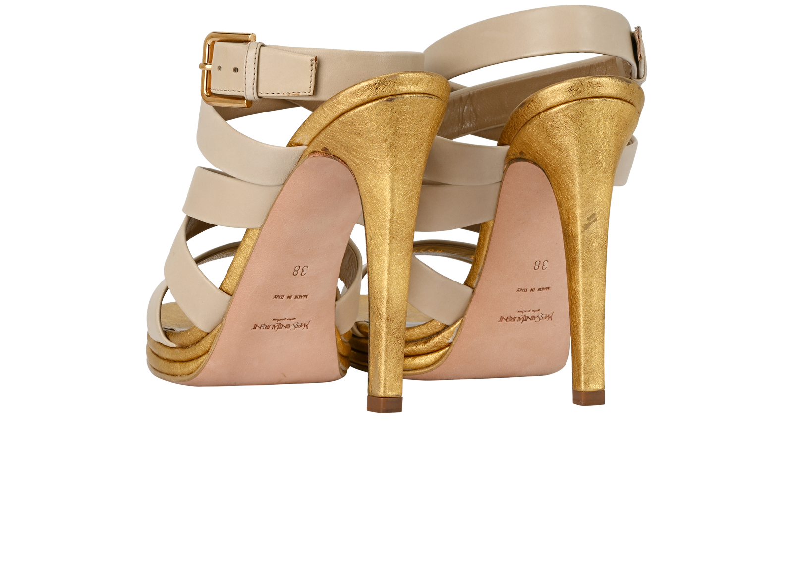 Saint Laurent Montaigne 105 Sandals, &pound;220, Shoes, Beige/Gold, Leather, Back view