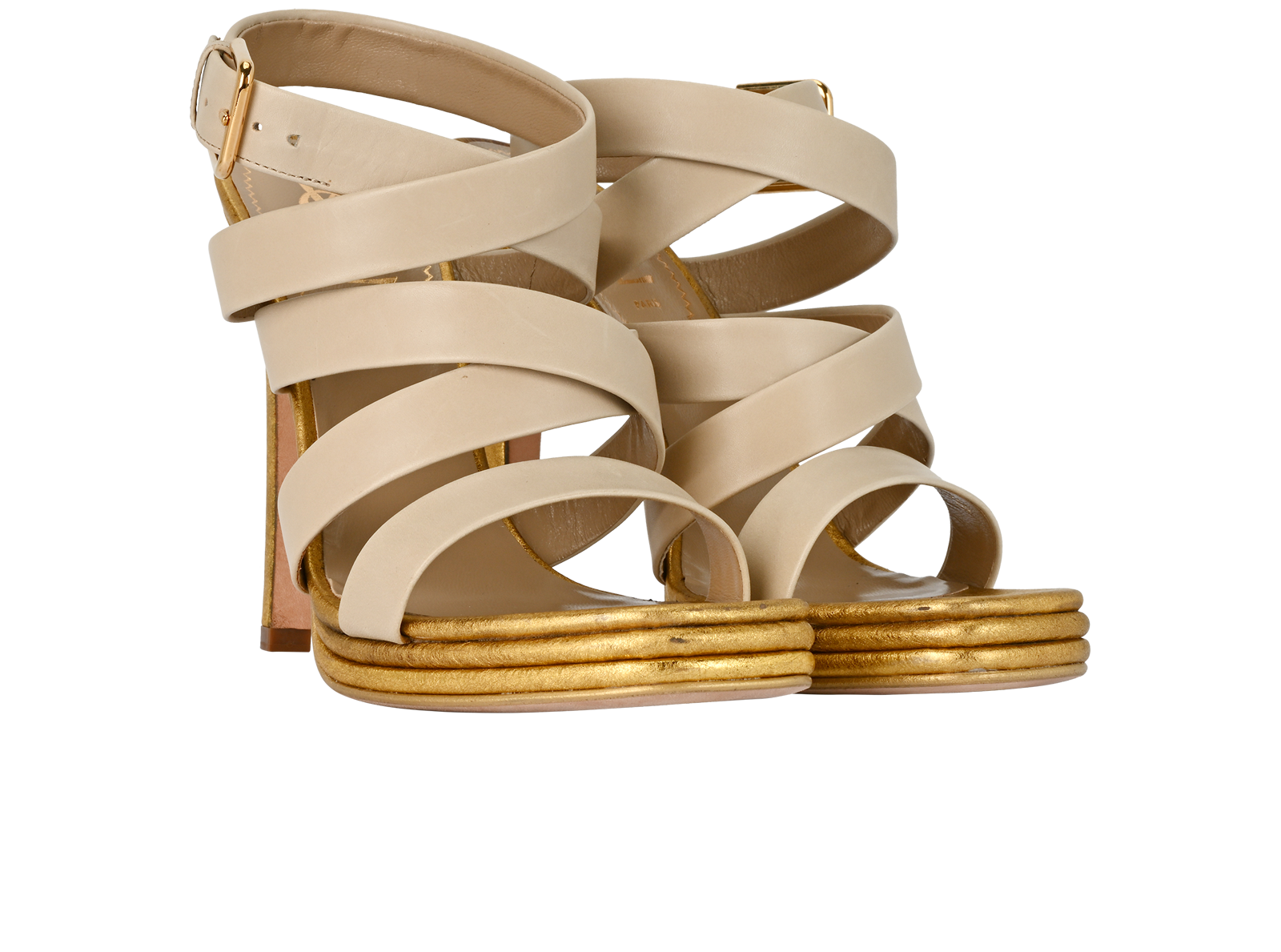 Saint Laurent Montaigne 105 Sandals, &pound;220, Shoes, Beige/Gold, Leather, Side view