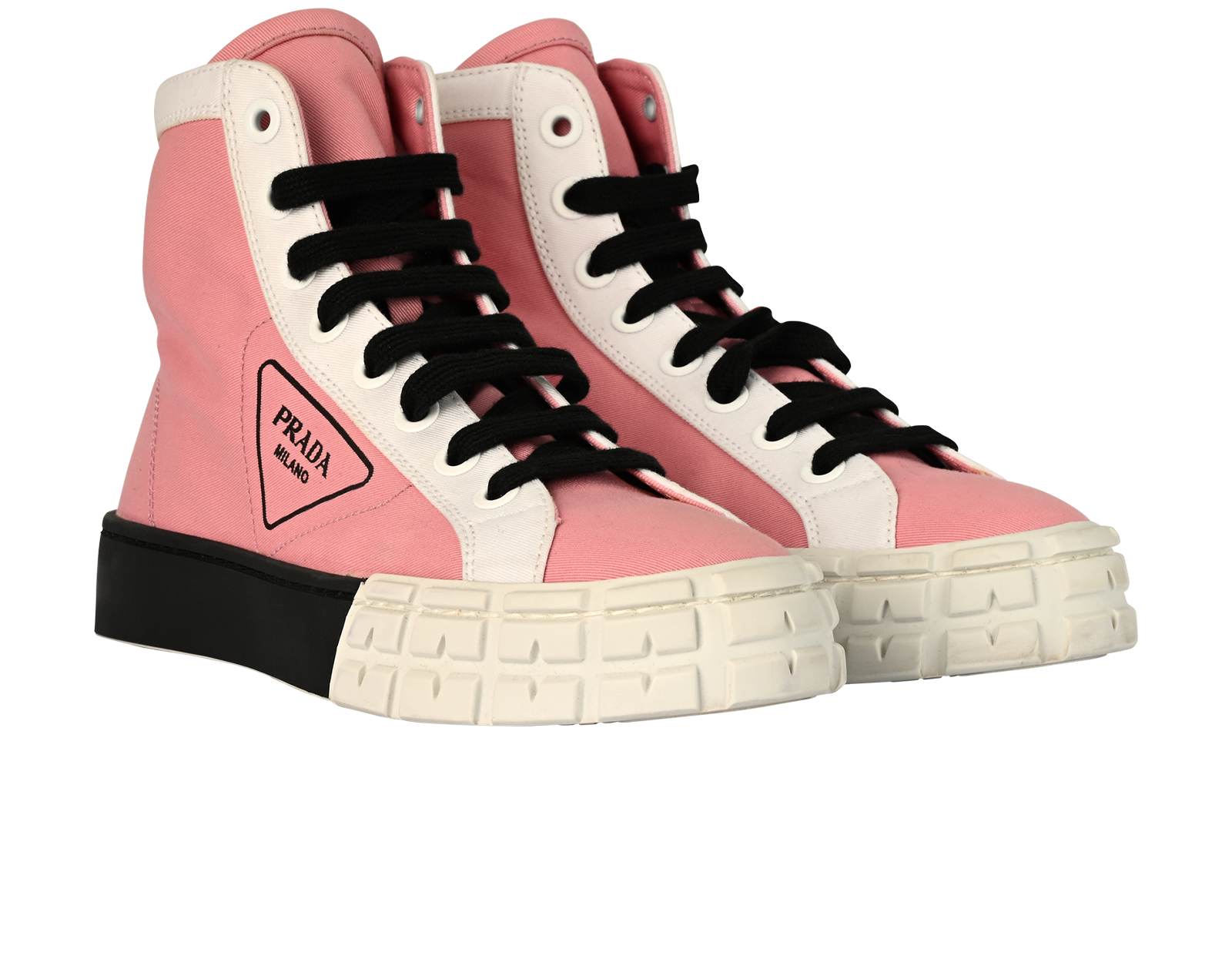 Prada Double Wheel High Top Trainers, &pound;320, Shoes, Black/Pink/White, Canvas/Rubber, Side view