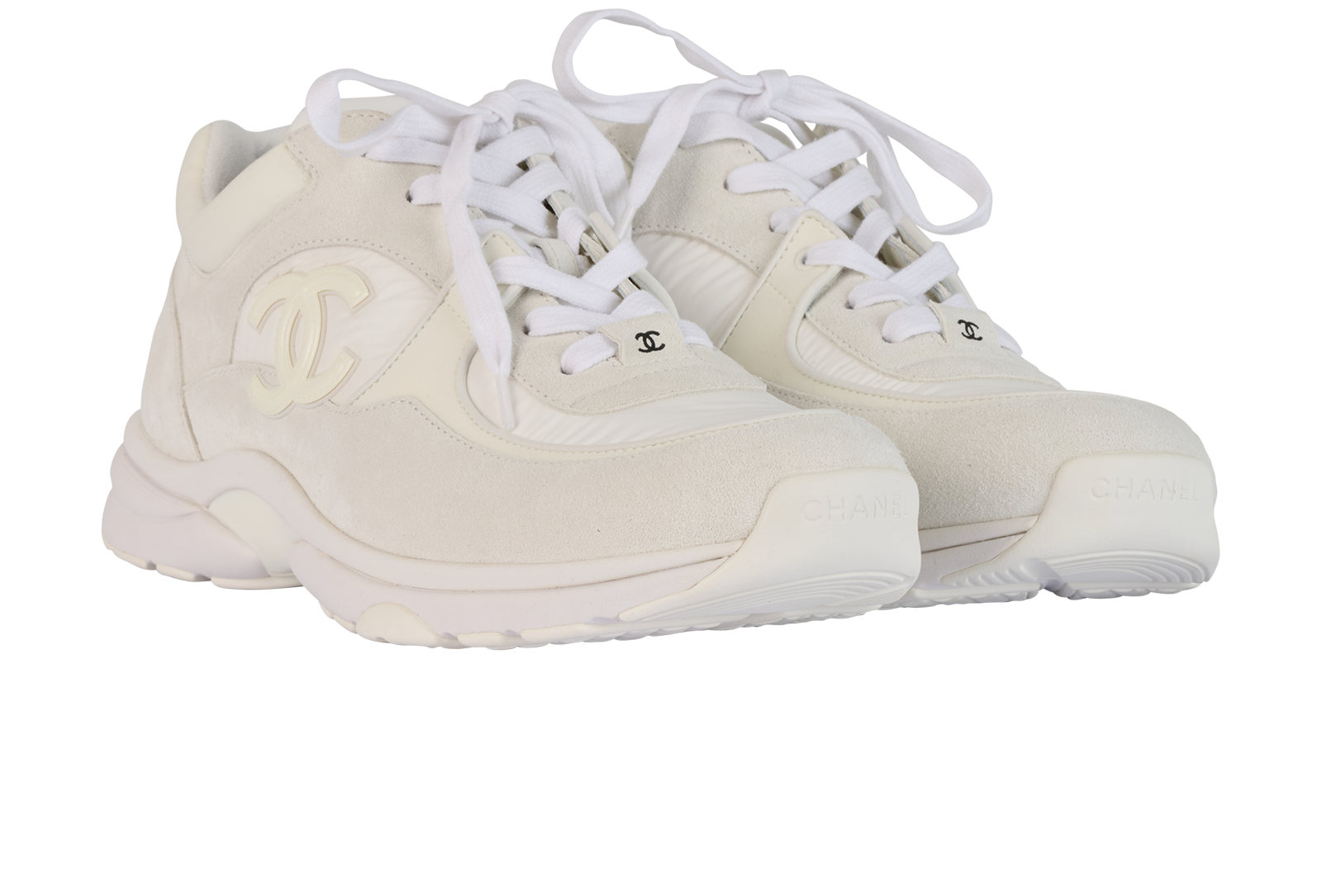 Chanel CC Trainers, &pound;450, Shoes, White, Fabric/Leather, Side view