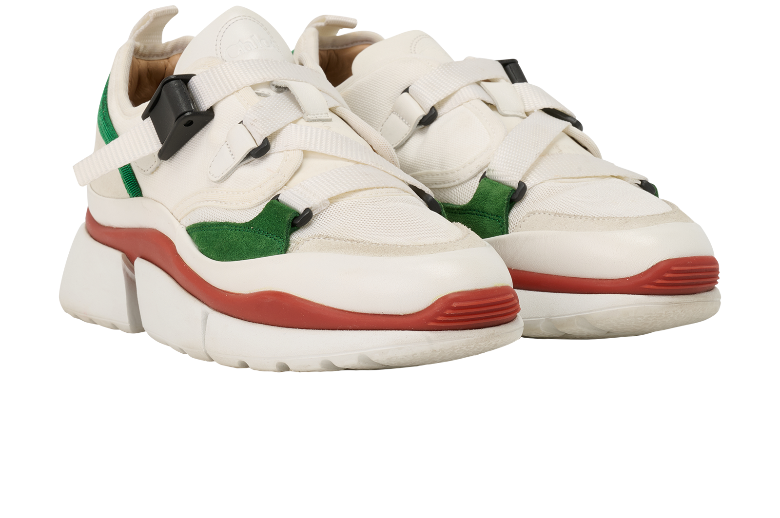 Chloe Sonnie Low Top Trainers, &pound;195, Shoes, Green/Red/White, Fabric/Suede, Side view