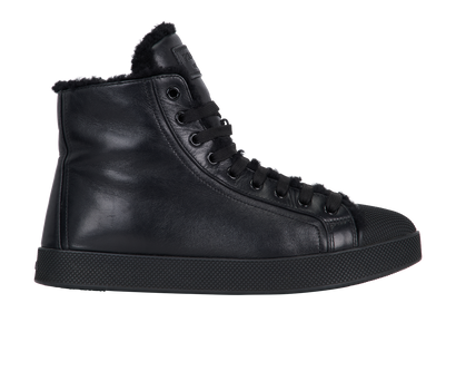 Prada Shearling Hight Top Sneakers, &pound;250, Shoes, Black, Leather, Front view