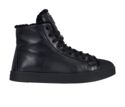 Prada Shearling Hight Top Sneakers, Leather, Black, UK4, DB/B, 1*