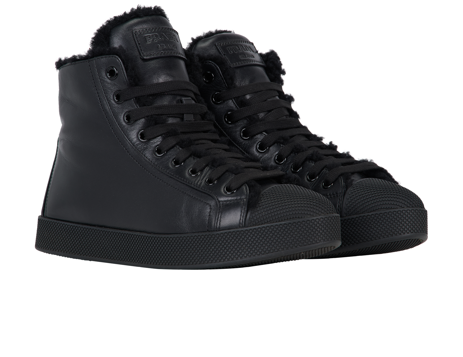 Prada Shearling Hight Top Sneakers, &pound;250, Shoes, Black, Leather, Side view