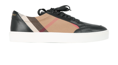 Burberry Check Low Top Trainers, &pound;250, Shoes, Beige/Black, Canvas/Leather, Front view