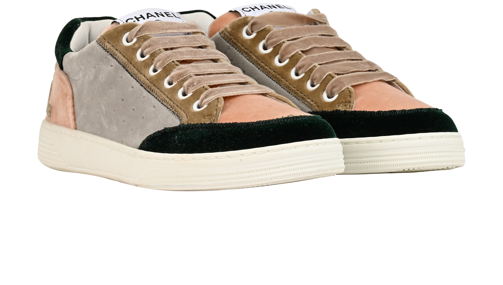 Chanel Low Top Trainers, &pound;350, Shoes, Green/Grey/Pink, Velvet, Side view