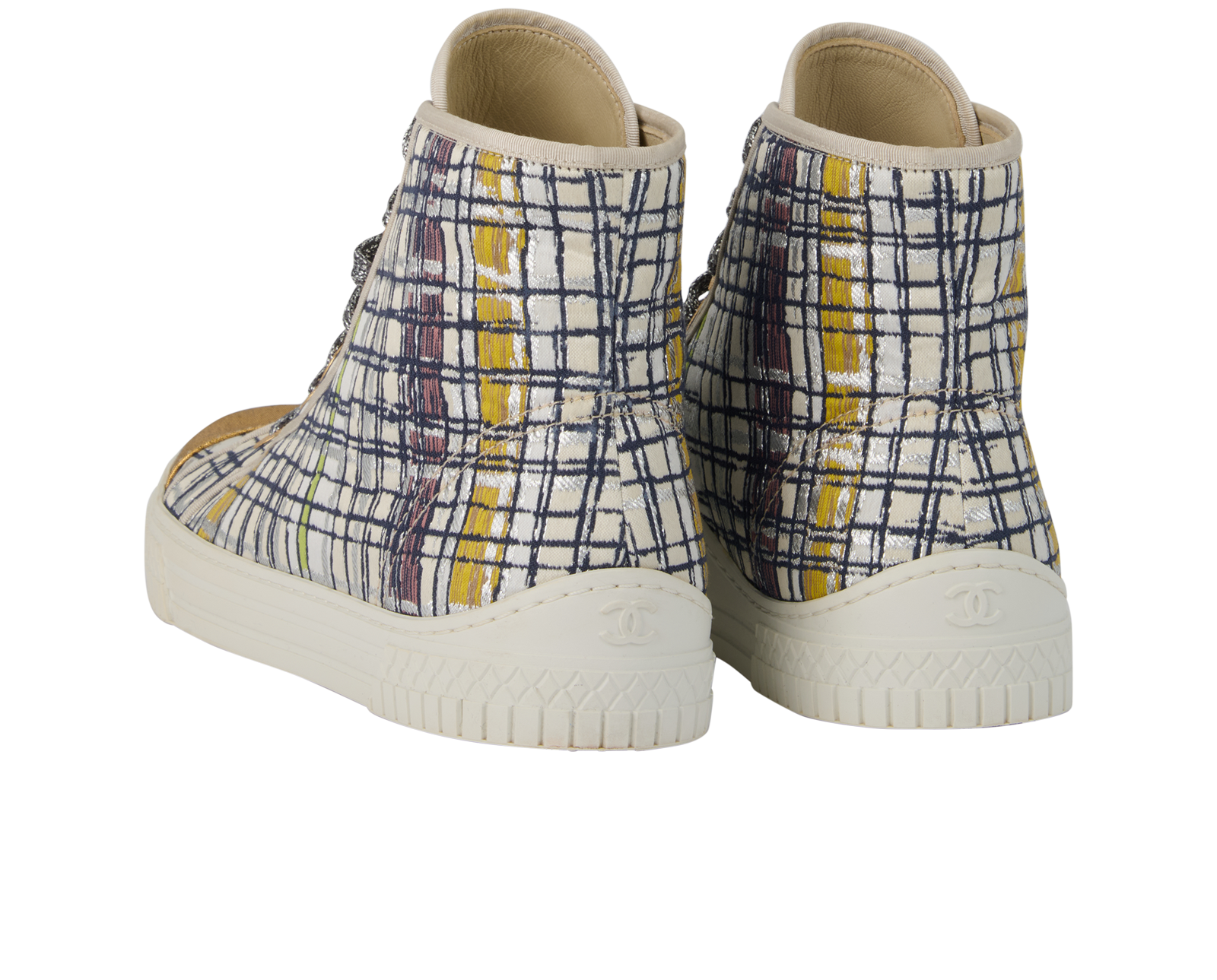 Chanel Tweed High Top Trainers, &pound;350, Shoes, Green/Silver/White/Yellow, Fabric, Back view
