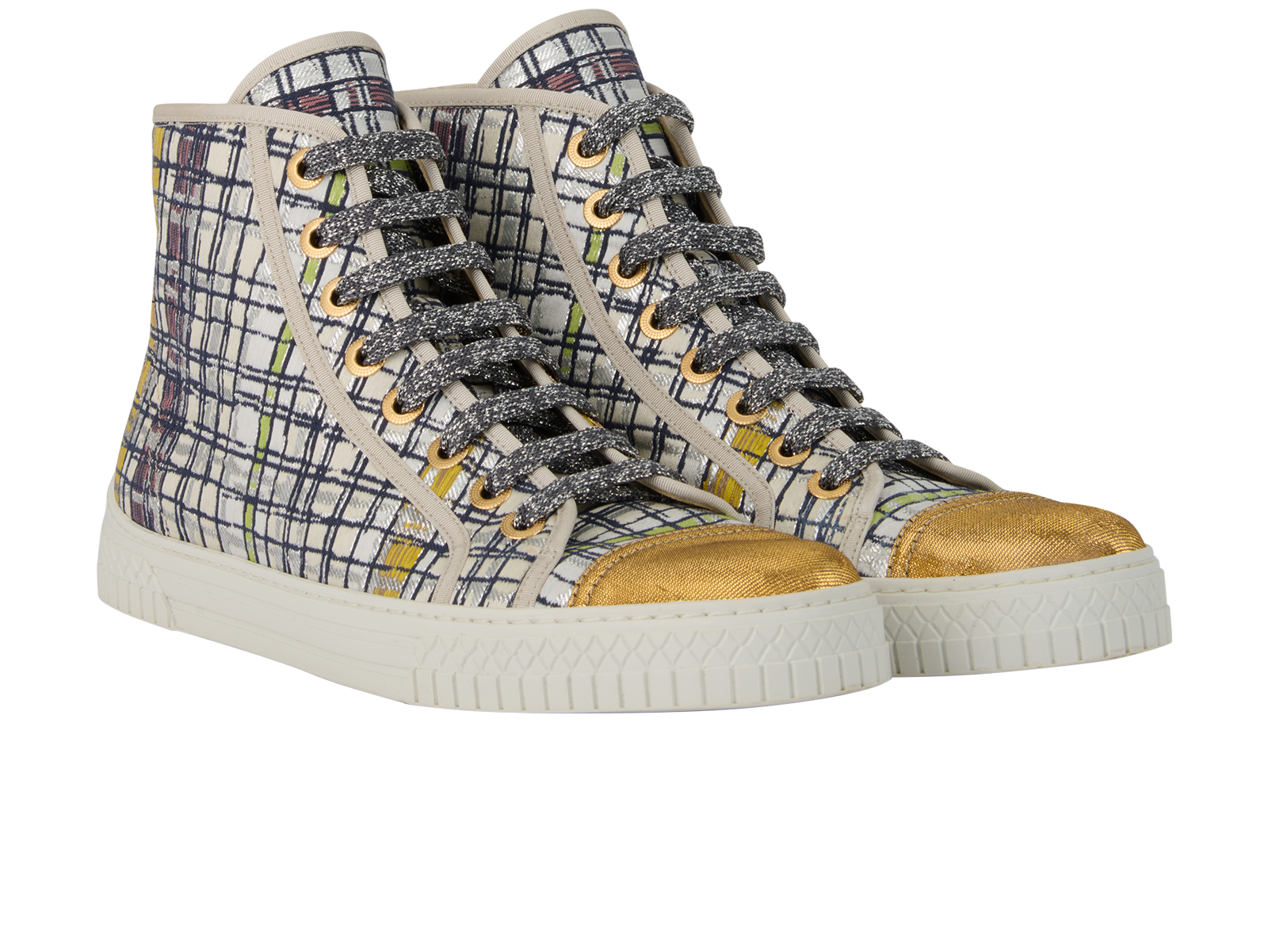 Chanel Tweed High Top Trainers, &pound;350, Shoes, Green/Silver/White/Yellow, Fabric, Side view