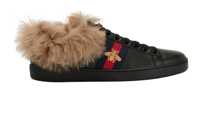 Gucci New Ace Low Fur Bee Trainers, &pound;320, Shoes, Black, Leather, Front view
