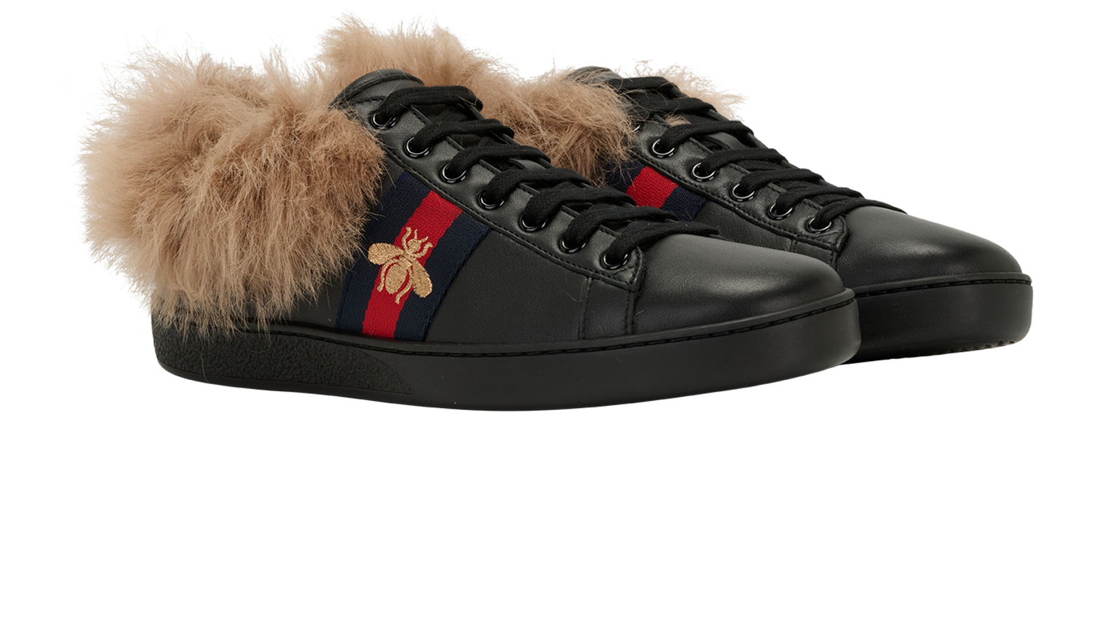 Gucci New Ace Low Fur Bee Trainers, &pound;320, Shoes, Black, Leather, Side view