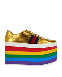 Gucci Gold Metallic Peggy Platform Sneakers, Leather, Gold, B, UK4