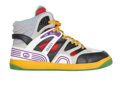 Gucci Demetra High Top Basket Trainers, &pound;350, Shoes, Black/Green/Grey/Purple/Red/White/Yellow, Fabric/Leather, Front view