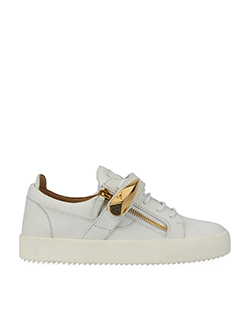 Giuseppe Zanotti Shark Tooth Leather White Sneakers, Leather, White/Gold,