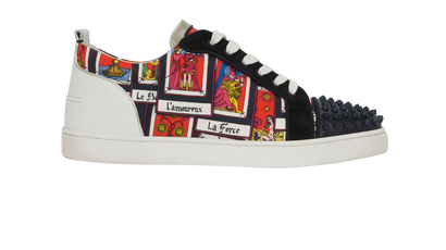 Christian Louboutin Louis Junior Spikes Orlato, &pound;395, Shoes, Black/Red/White/Yellow, Leather/Nylon/Suede, Front view