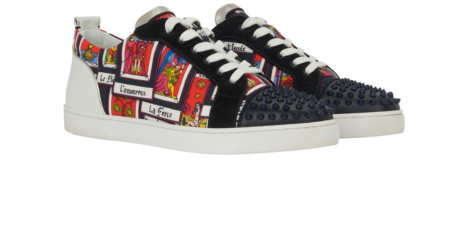 Christian Louboutin Louis Junior Spikes Orlato, &pound;395, Shoes, Black/Red/White/Yellow, Leather/Nylon/Suede, Side view