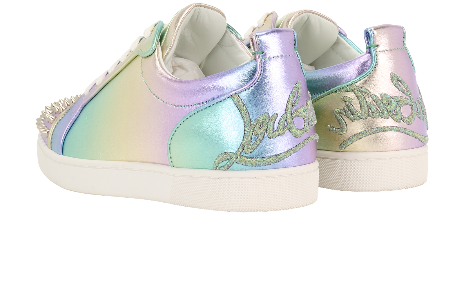 Christian Louboutin Fun Louis Junior Spikes Trainers, &pound;295, Shoes, Blue/Green/Purple/Silver, Leather, Back view