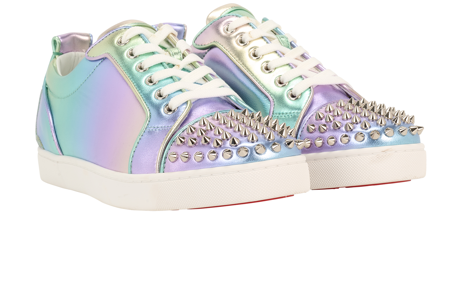 Christian Louboutin Fun Louis Junior Spikes Trainers, &pound;295, Shoes, Blue/Green/Purple/Silver, Leather, Side view