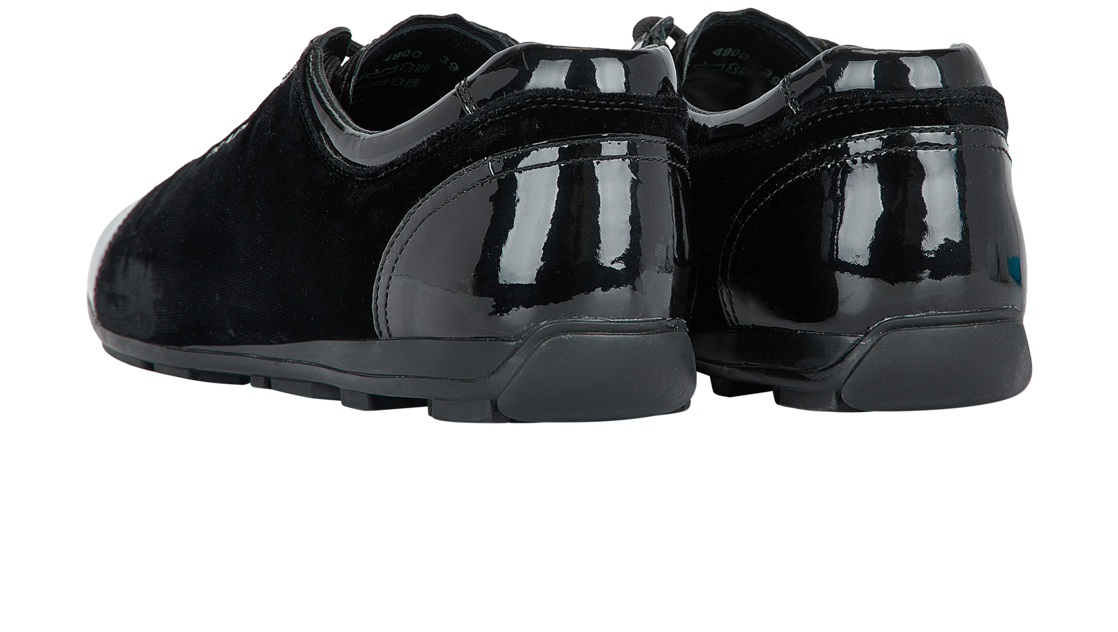 Prada Velour Trainers, &pound;210, Shoes, Black, Patent Leather/Velvet, Back view