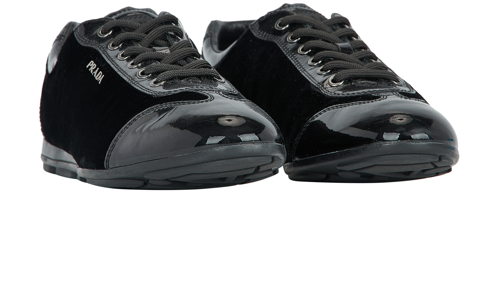 Prada Velour Trainers, &pound;210, Shoes, Black, Patent Leather/Velvet, Side view