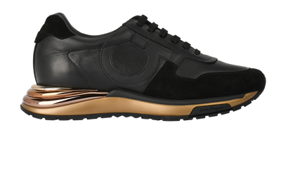 Salvatore Ferragamo Brooklyn Trainers, &pound;295, Shoes, Black/Gold, Leather/Suede, Front view