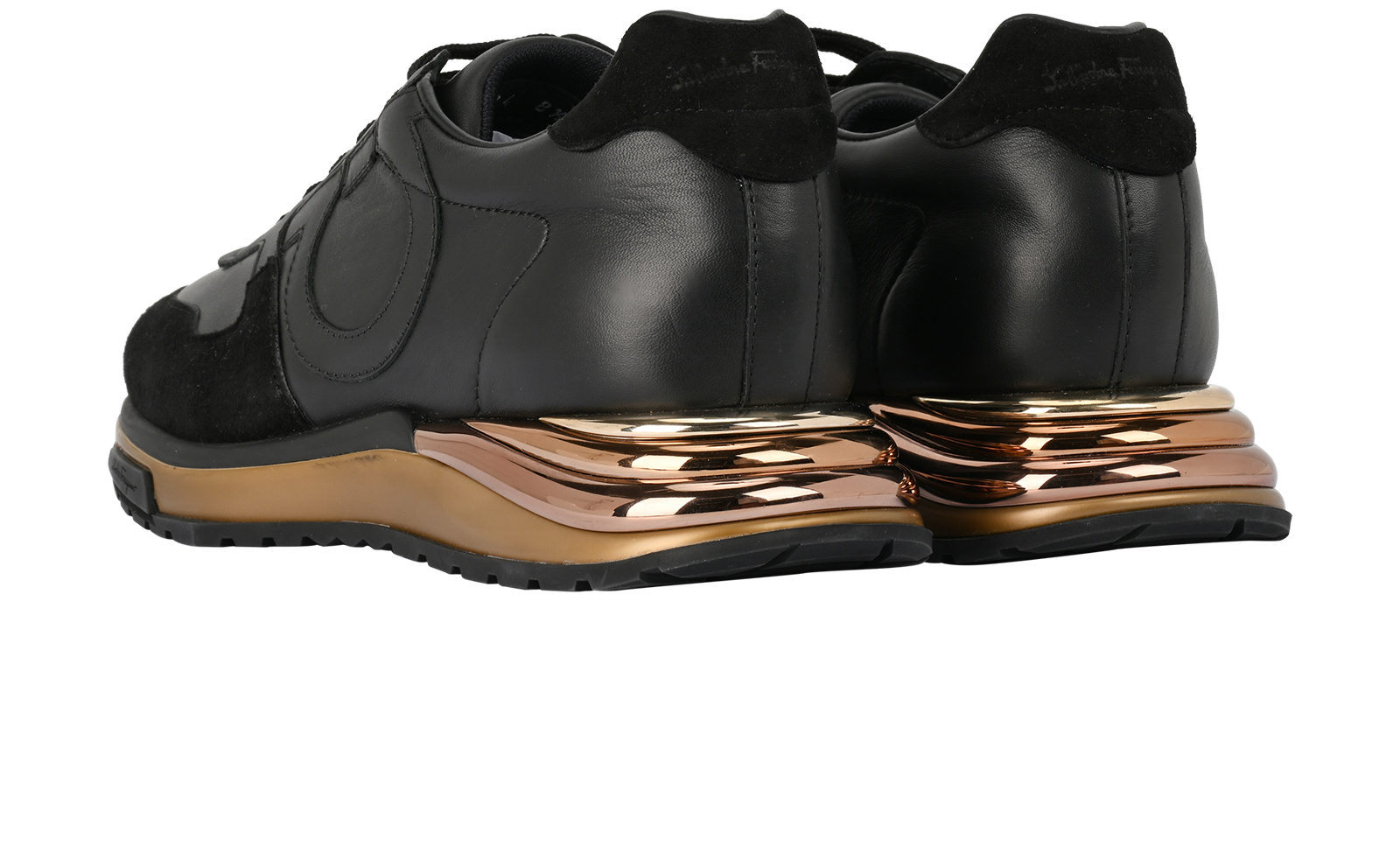 Salvatore Ferragamo Brooklyn Trainers, &pound;295, Shoes, Black/Gold, Leather/Suede, Back view