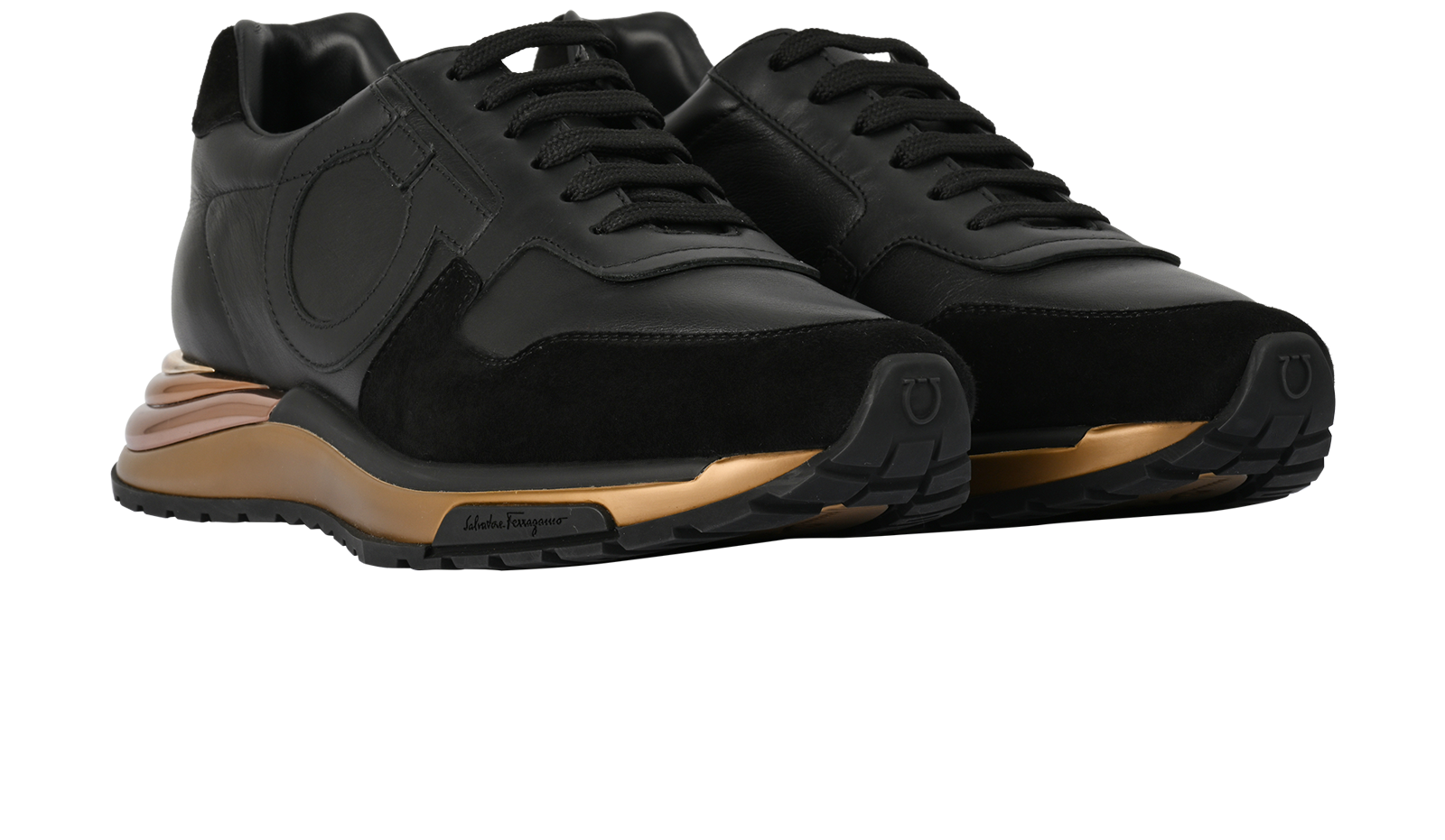 Salvatore Ferragamo Brooklyn Trainers, &pound;295, Shoes, Black/Gold, Leather/Suede, Side view