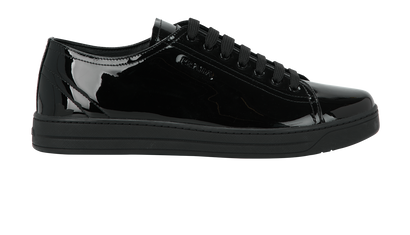 Prada Logo Low-Top Trainers, &pound;290, Shoes, Black, Patent Leather, Front view